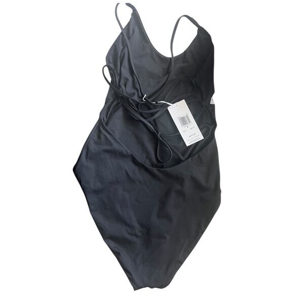 Hurley Black Solid One-Piece Swimsuit lace up open back white logo Medium NWT - Picture 7 of 8